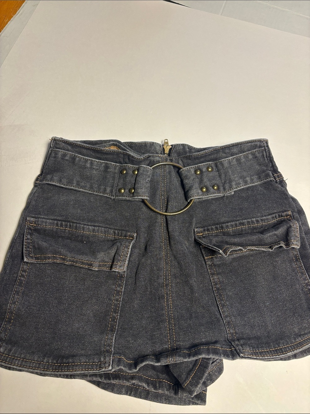 High-Rise Charcoal Denim Skort with Ring-Buckle Detail